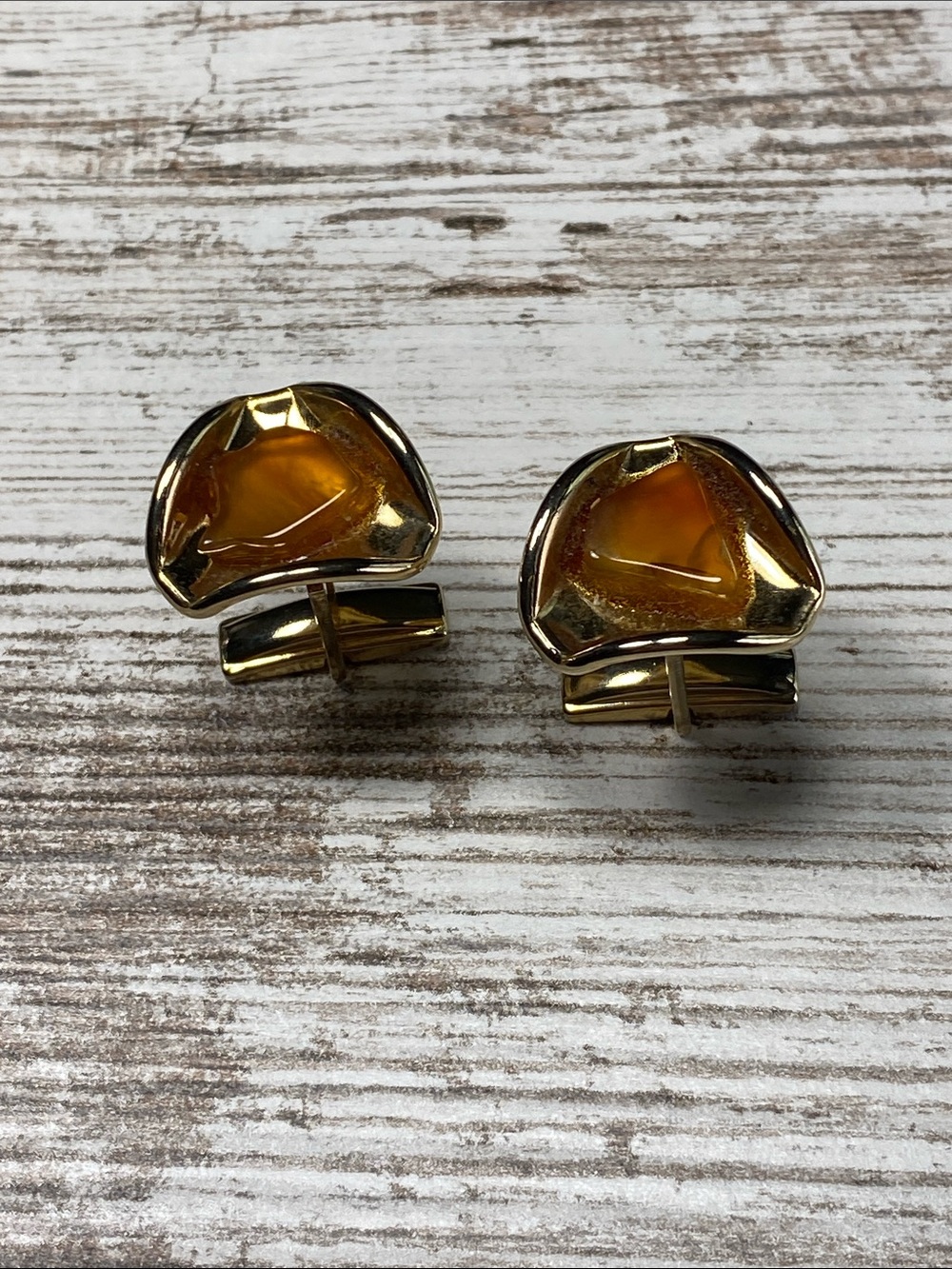 Vintage Gold Tone Amber Lucite Cufflinks Mid Century Modern Retro Mens Jewelry